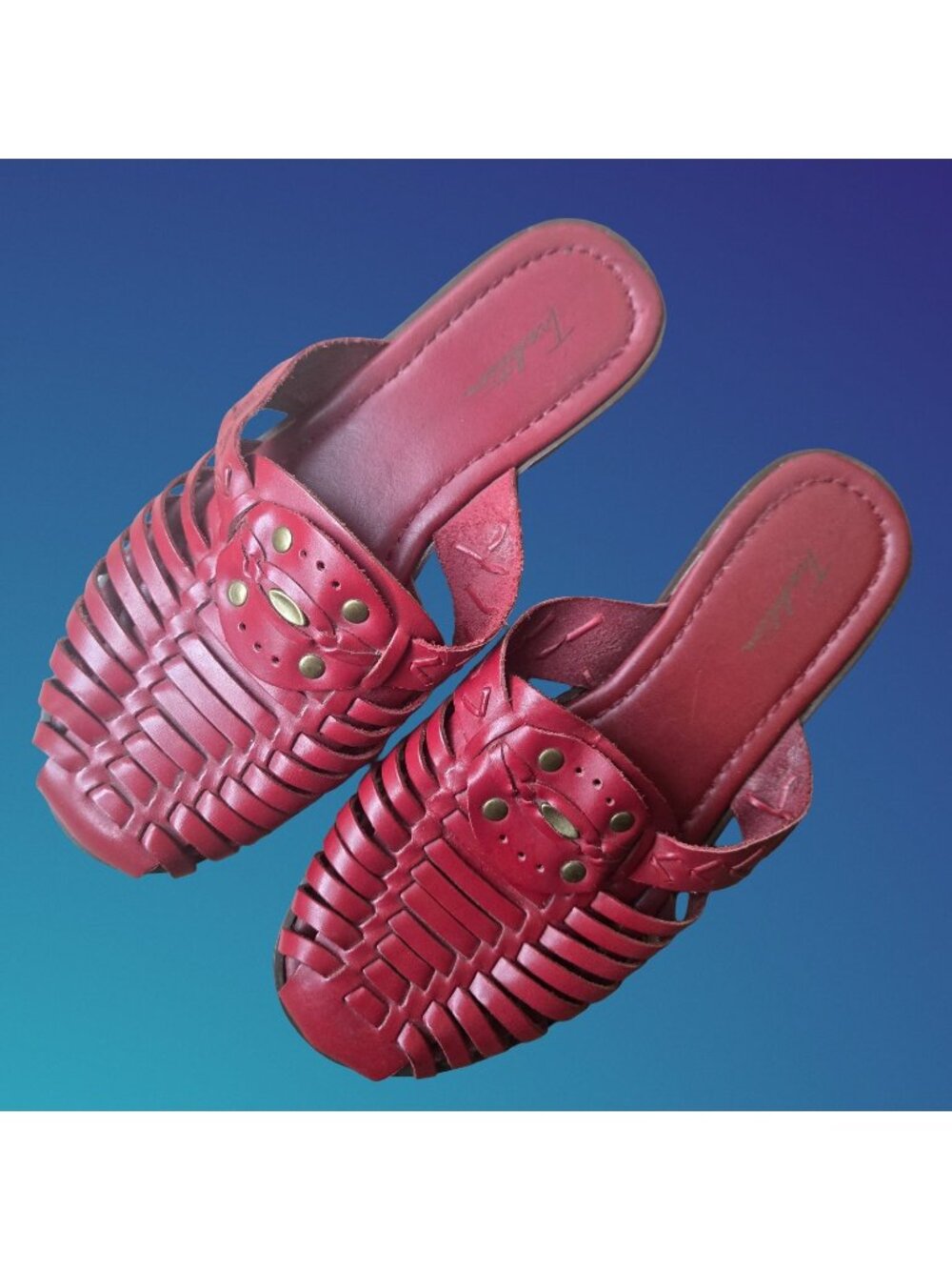 Vintage 80s 90s Red Leather Huarache Slide Sandals Size 7 Studded Made In Brazil